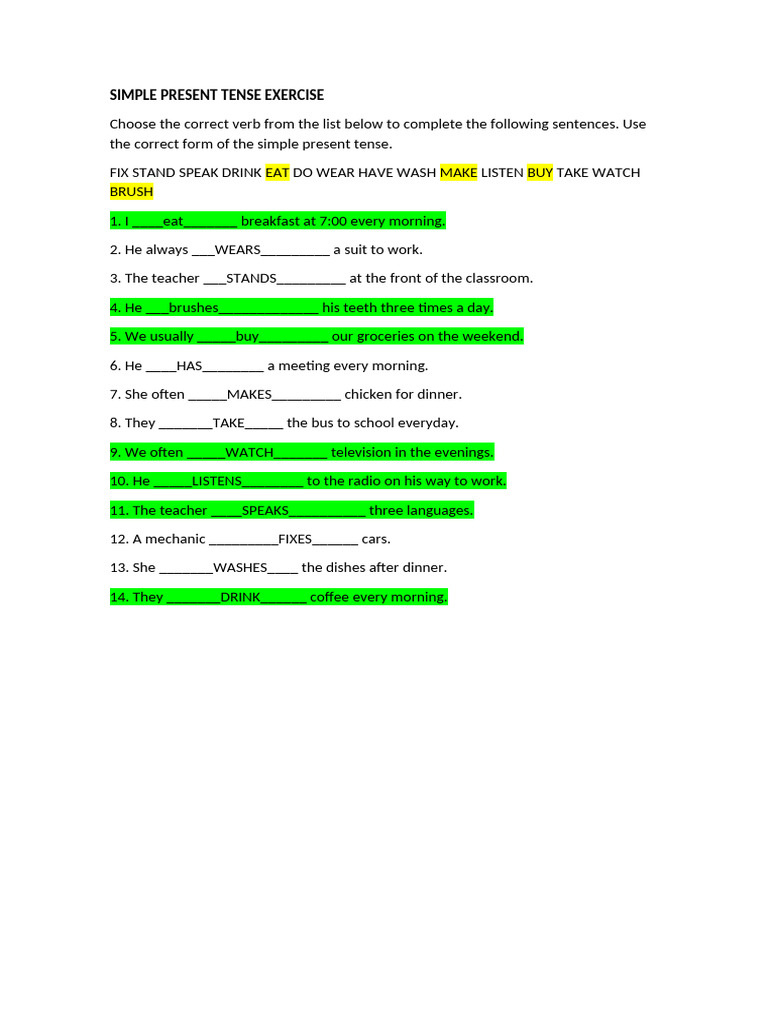 Simple Present Tense Exercise | PDF