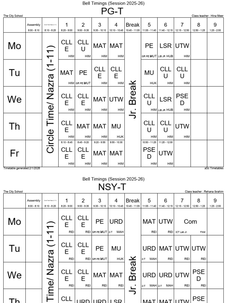 Timetable for Each Class | PDF