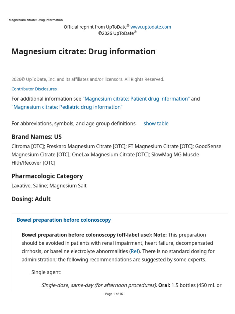 Magnesium Citrate - Drug Information | PDF | Magnesium | Colonoscopy