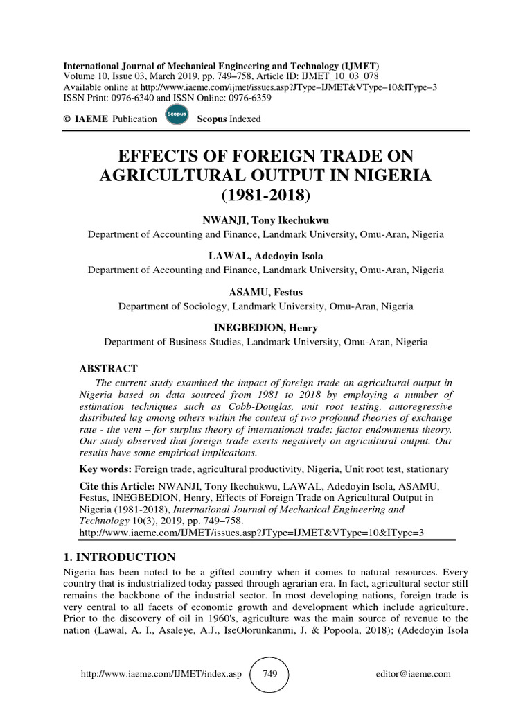 Effects of Foreign Trade on Agricultural Output in Nigeria (1981-2018 ...