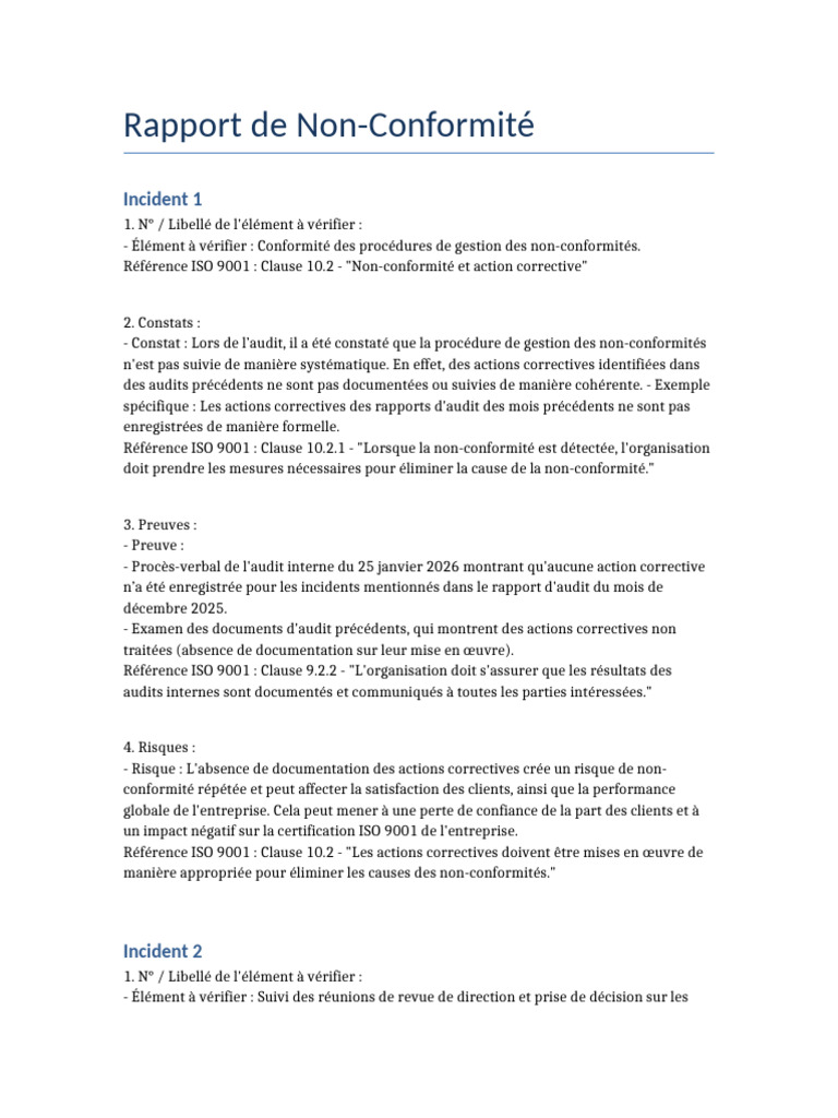 Rapport de Non Conformité ISO 9001 | PDF | Audit | Risque