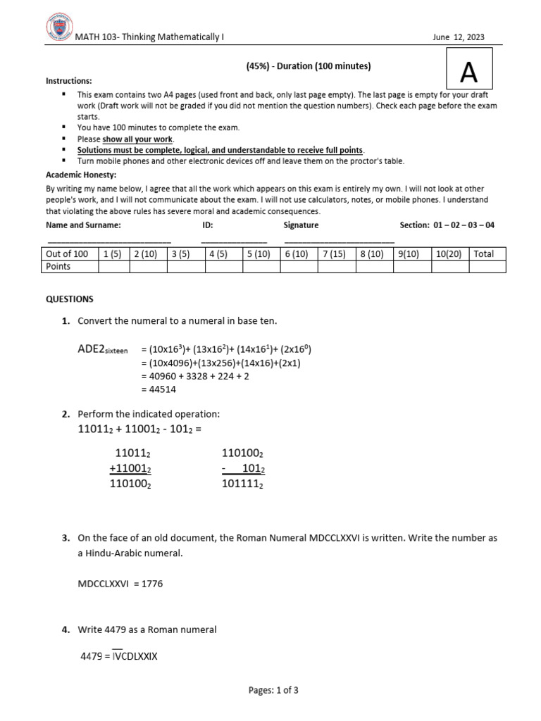 MATH 103 Final Spr2023 A AnswerSheet | PDF | Argument | Logic
