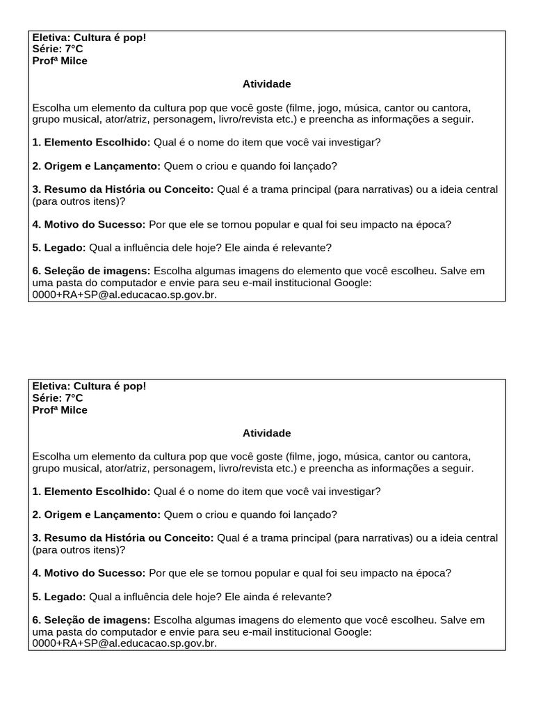 Atividade 1 7C Cultura Pop | PDF