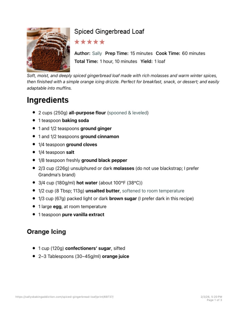 Spiced Gingerbread Loaf - Sally's Baking | PDF | Teaspoon | Molasses