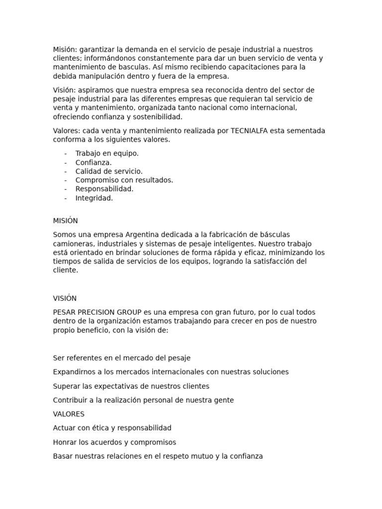 Ejemplo de Mision, Vision y Valores para Empresas | PDF | Business ...