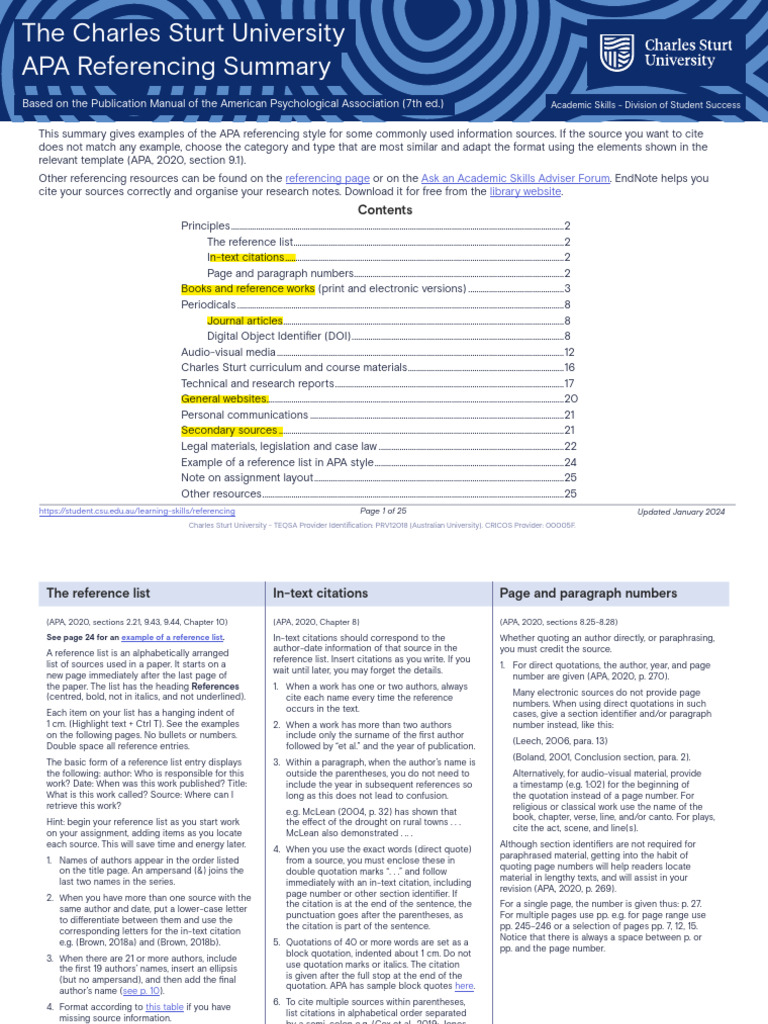 Charles Sturt University APA 7th Ed. Referencing Summary | PDF ...