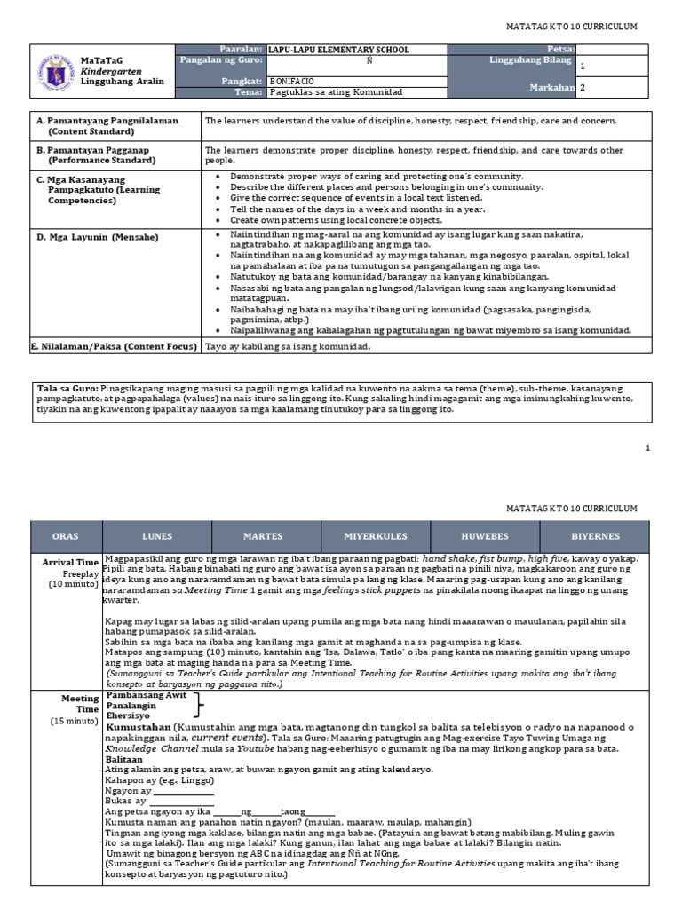 DLL Kindergarten q2 w1 | PDF