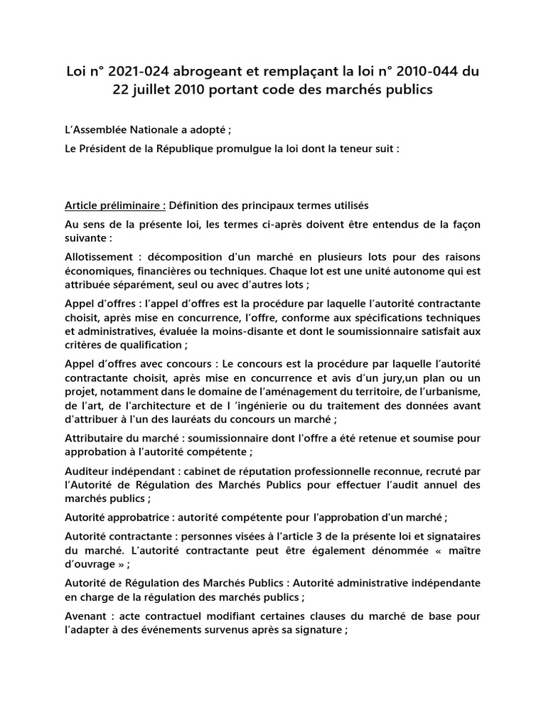 Loi 2021-024 Code Marchés Pub FR | PDF | Loi