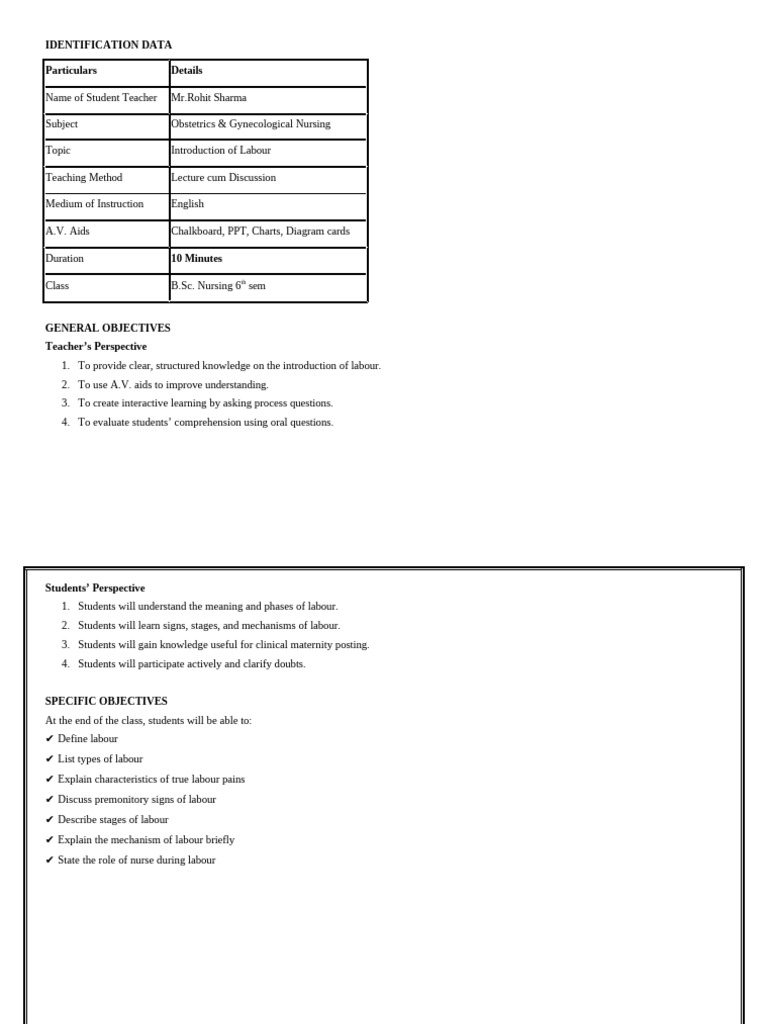 Lesson Plan On Introduction of Labour | PDF | Childbirth | Human ...