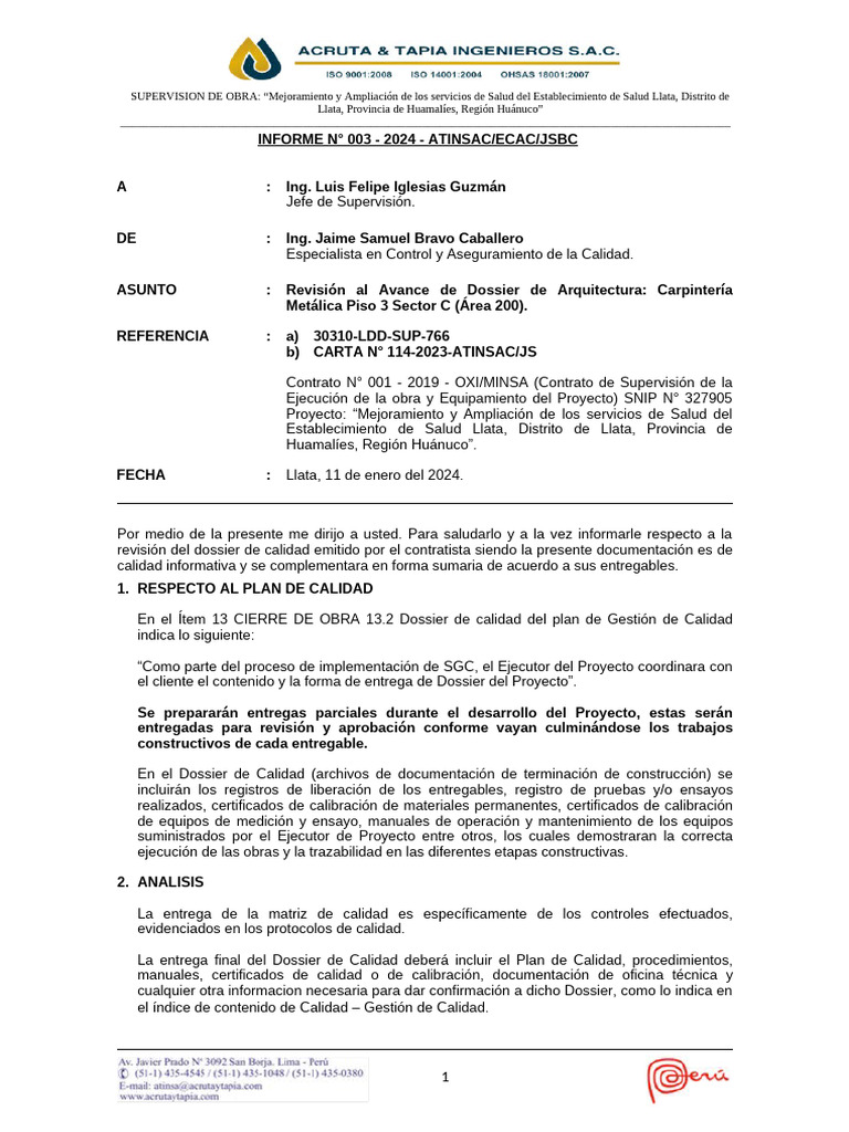 INFORME N° 003 - 2024 - ATINSAC-ECAC-JSBC - Rev al Avance de Dossier de ...