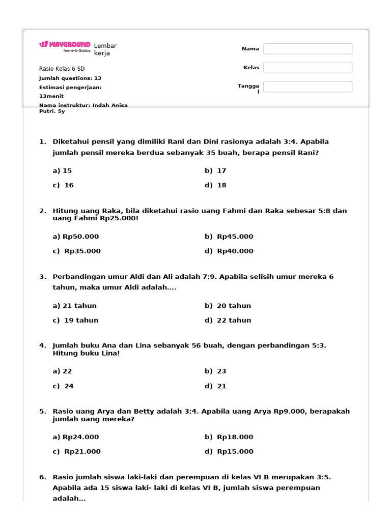 Rasio Kelas 6 SD - Wayground | PDF