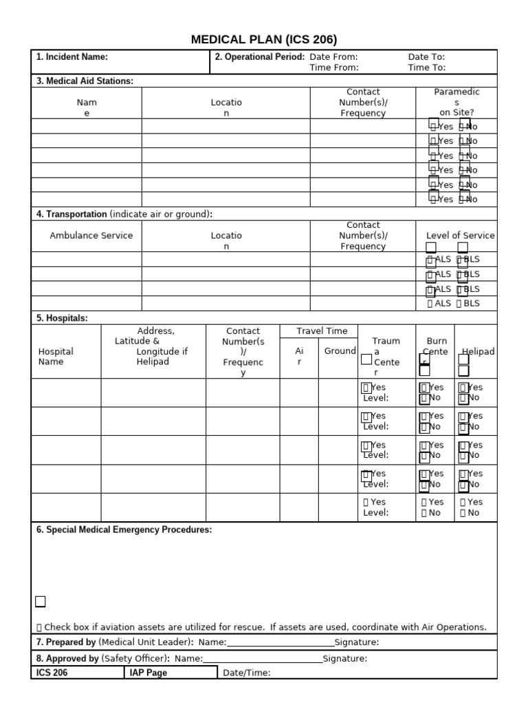 Medical Plan (Ics 206) : 1. Incident Name: 2. Operational Period: 3 ...
