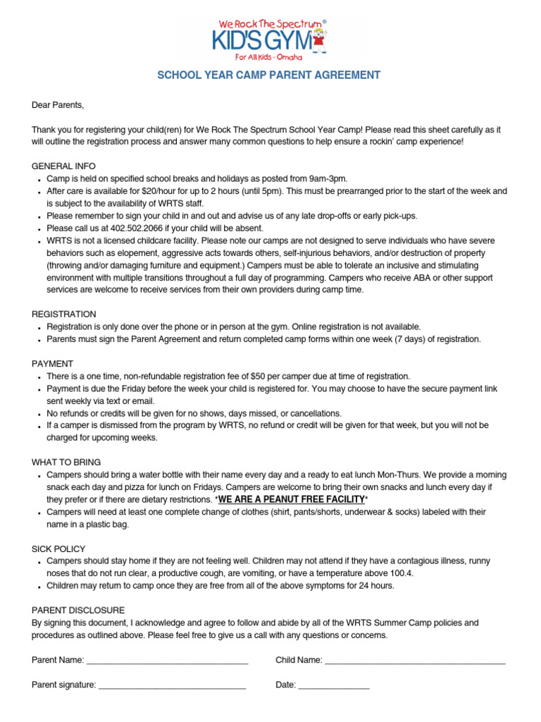 School Year Camp Parent Agreement 2025-26 | PDF