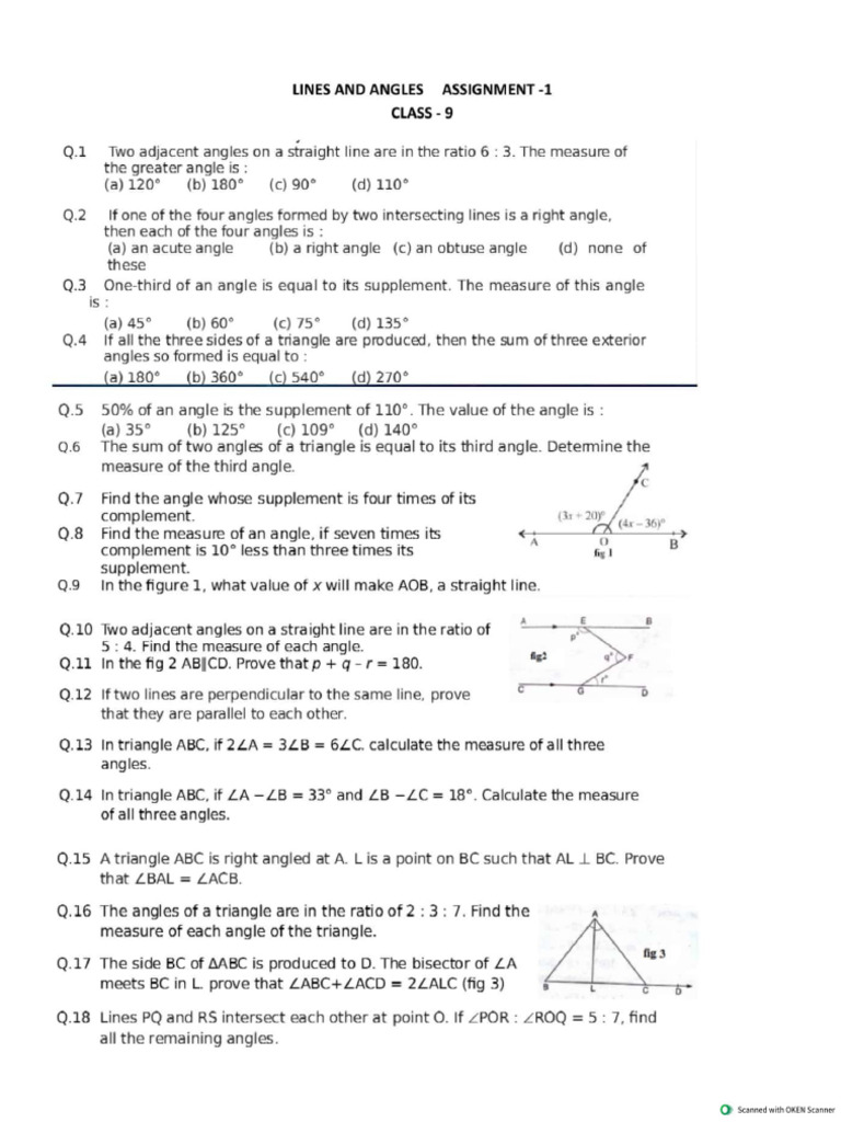 Grade - 9 Lines and Angles - Ws | PDF