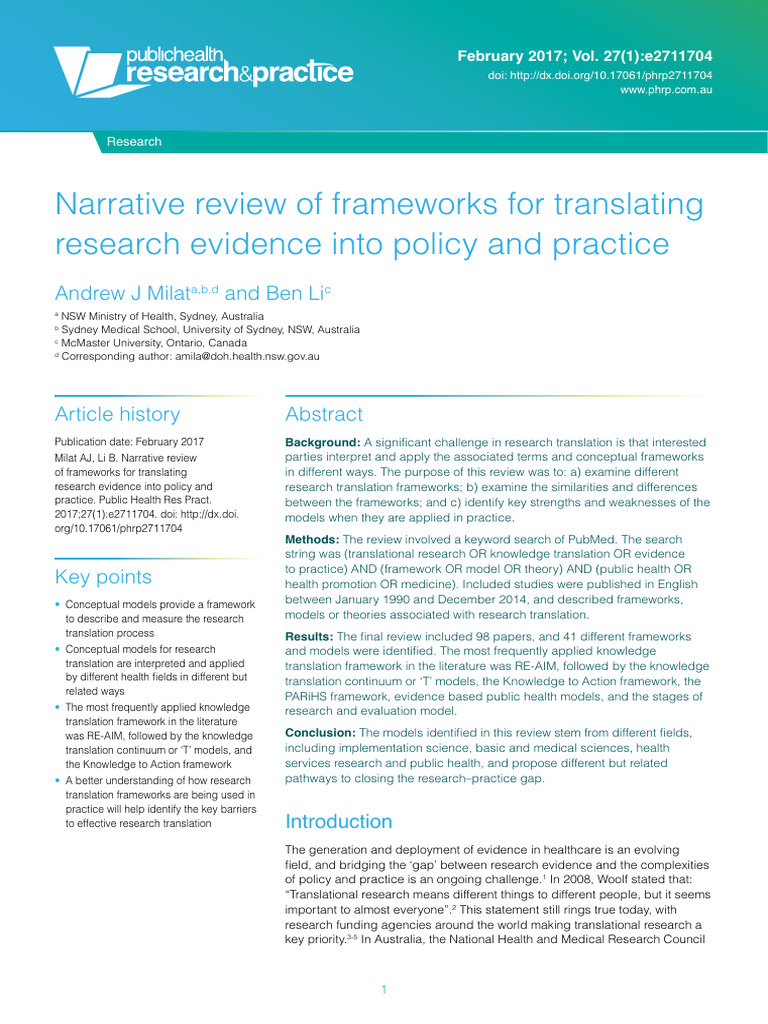 Narrative Review of Frameworks For Translating Res | PDF | Evidence ...