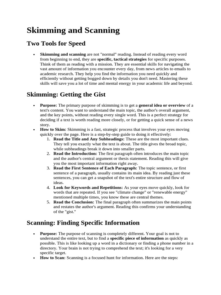 Skimming and Scanning Exercises | PDF | Speed Reading | Cognition