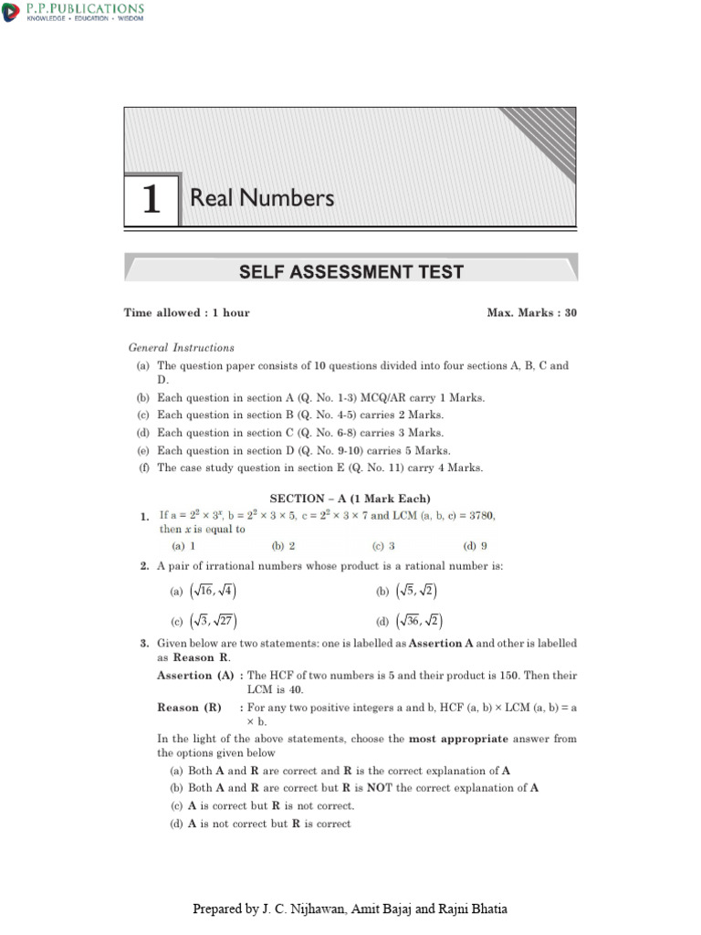 1. Class X Mathematics - Real Numbers Self Assessment Test | PDF | Real ...