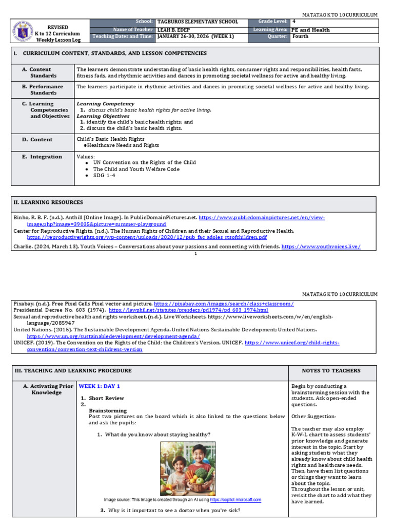 DLL Matatag - Pe & Health 4 q4 Week1-2 | PDF | Bullying | Curriculum