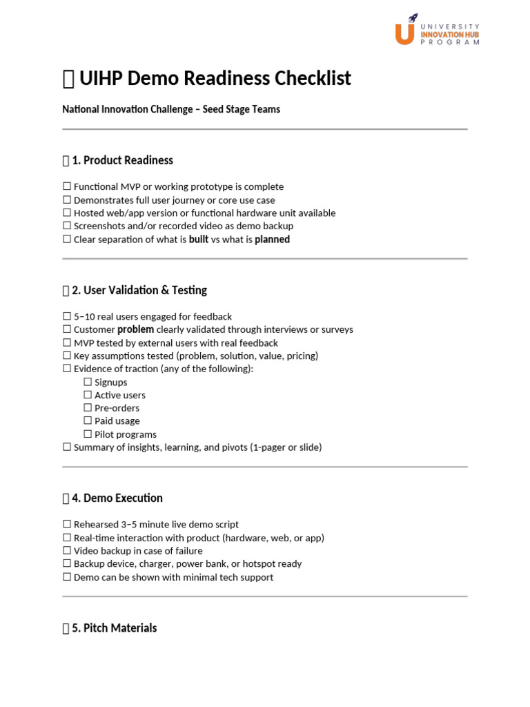 UIHP Demo Readiness Checklist V2 | PDF