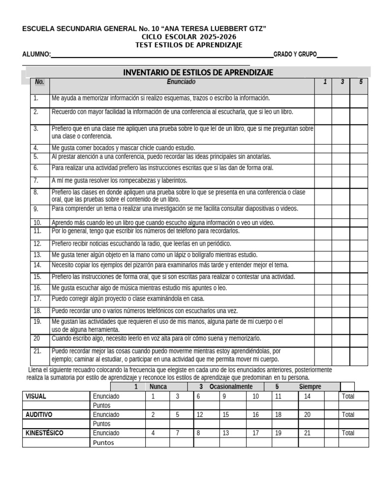 TEST VAK Estilos de Aprendizaje SEC 8 | PDF | Aprendizaje