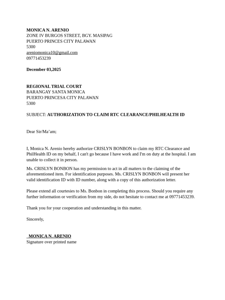 Authorization Letter RTC | PDF