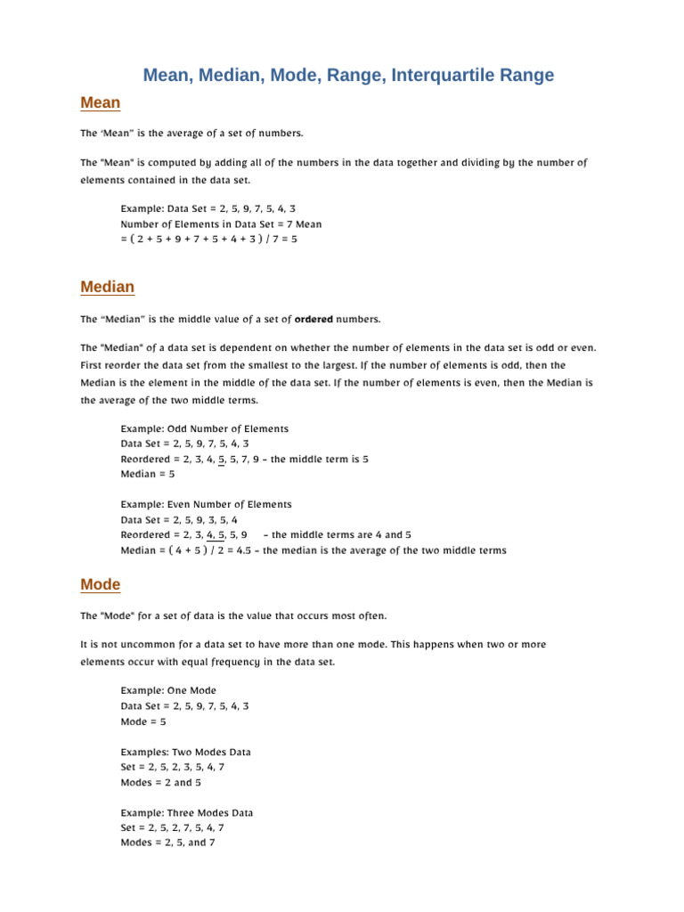Theory Mean Median Mode Range Interquartile Range | PDF | Median | Mean