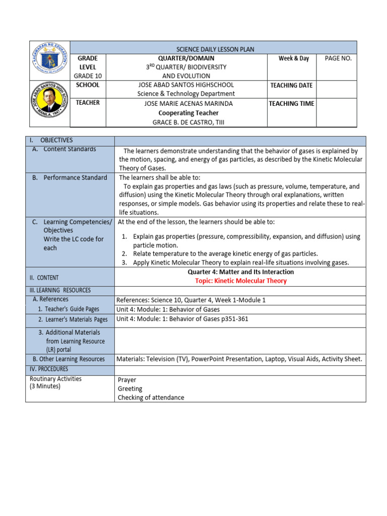KMT PT 2 LESSON PLAN | PDF | Gases | Temperature