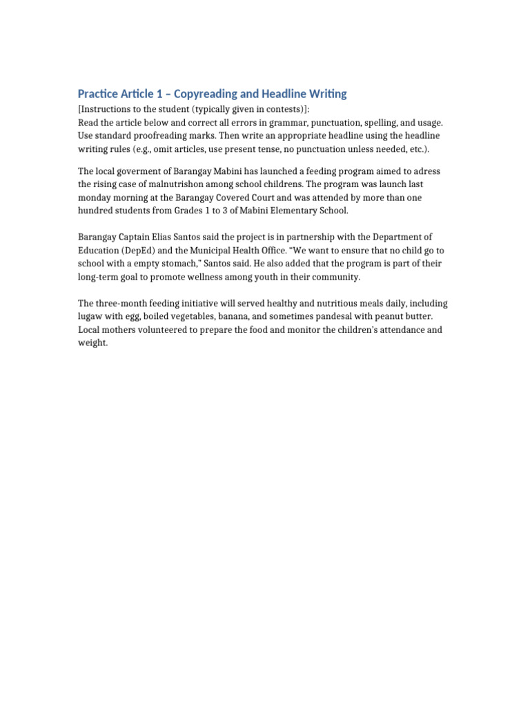 Copyreading Practice Article 1 | PDF