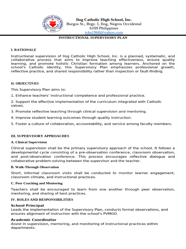 Instructional Supervisory Plan | PDF | Mentorship | Teachers