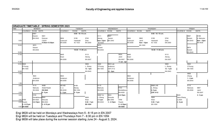 Graduate Timetable Spring 2024 - May 6 2024 | PDF
