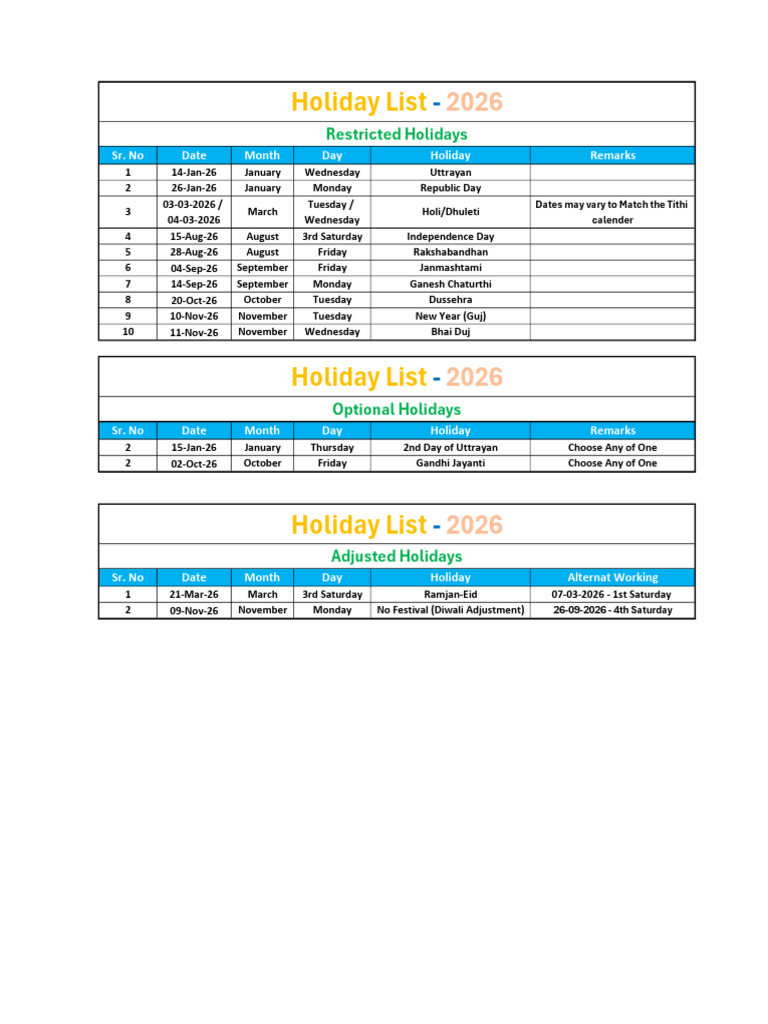 Holiday List - 2026 | PDF