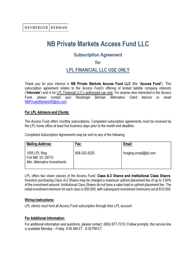 NB Access Fund Sub Agreement | PDF | Subscription Business Model ...