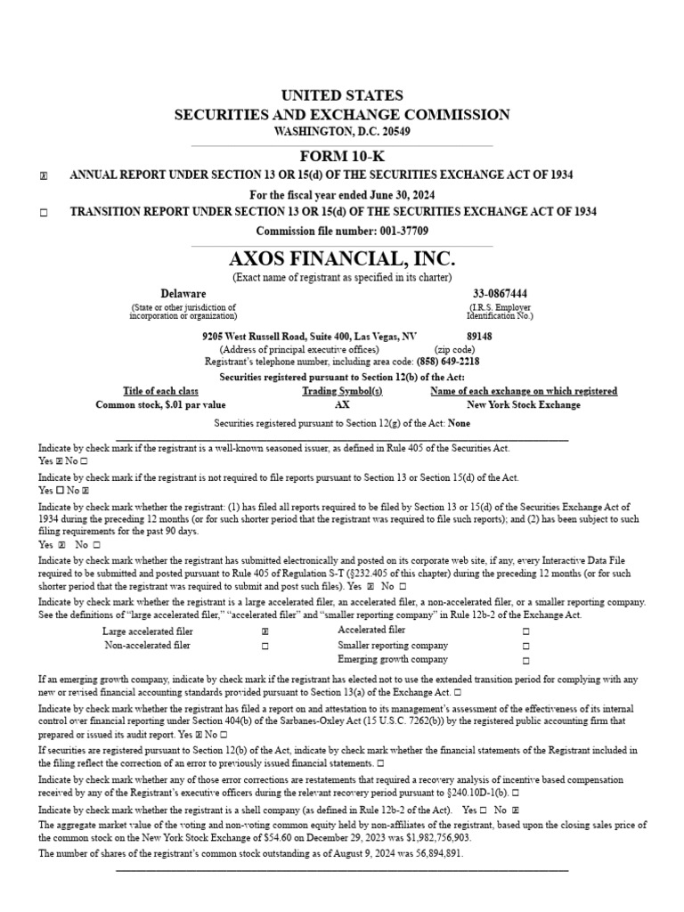 Axos Financial 10K | PDF | Loans | Capital Requirement