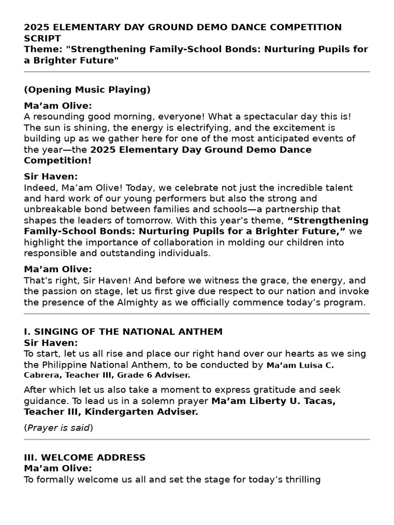 2025 ELEMENTARY DAY GROUND DEMO DANCE COMPETITION Script | PDF