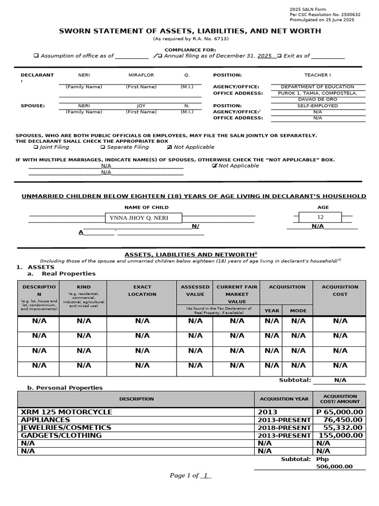 1 A Rules Annex A 2025 SALN Form | PDF