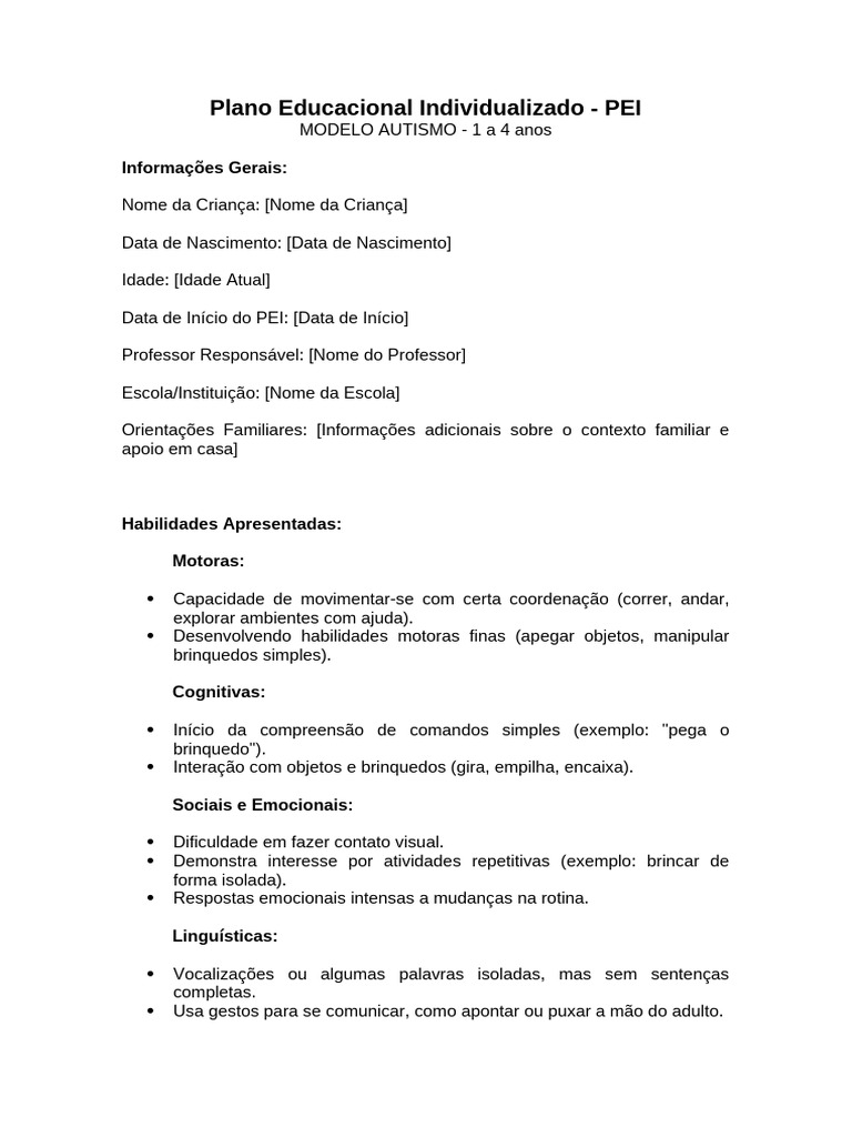 MODELO - Plano Educacional Individualizado | PDF | Transtorno de ...