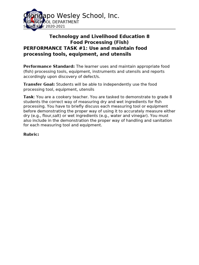 Performance Tasks (2nd Grading) | PDF | Sanitation | Food Safety
