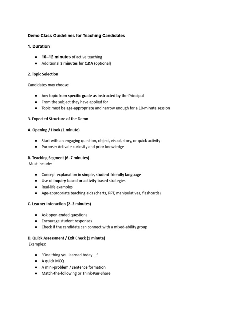 ? Demo Class Guidelines For Teaching Candidates | PDF