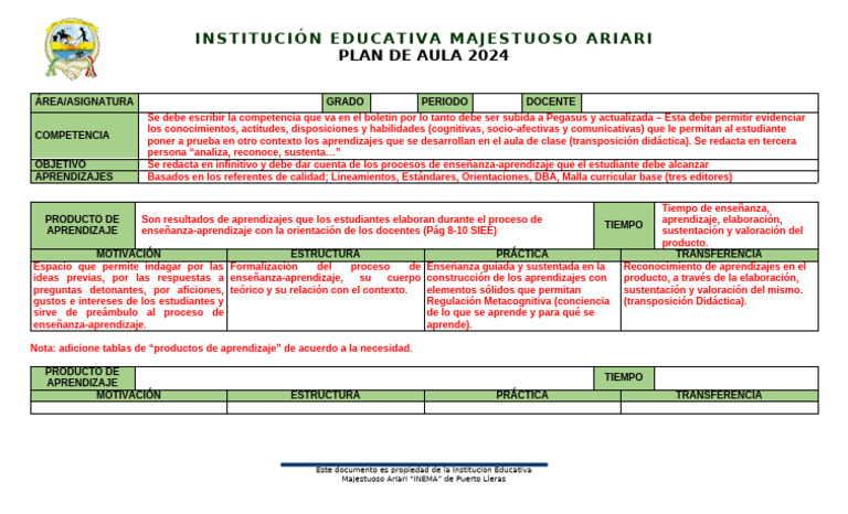Plan de Aula 2024 | PDF | Aprendizaje | Enseñando
