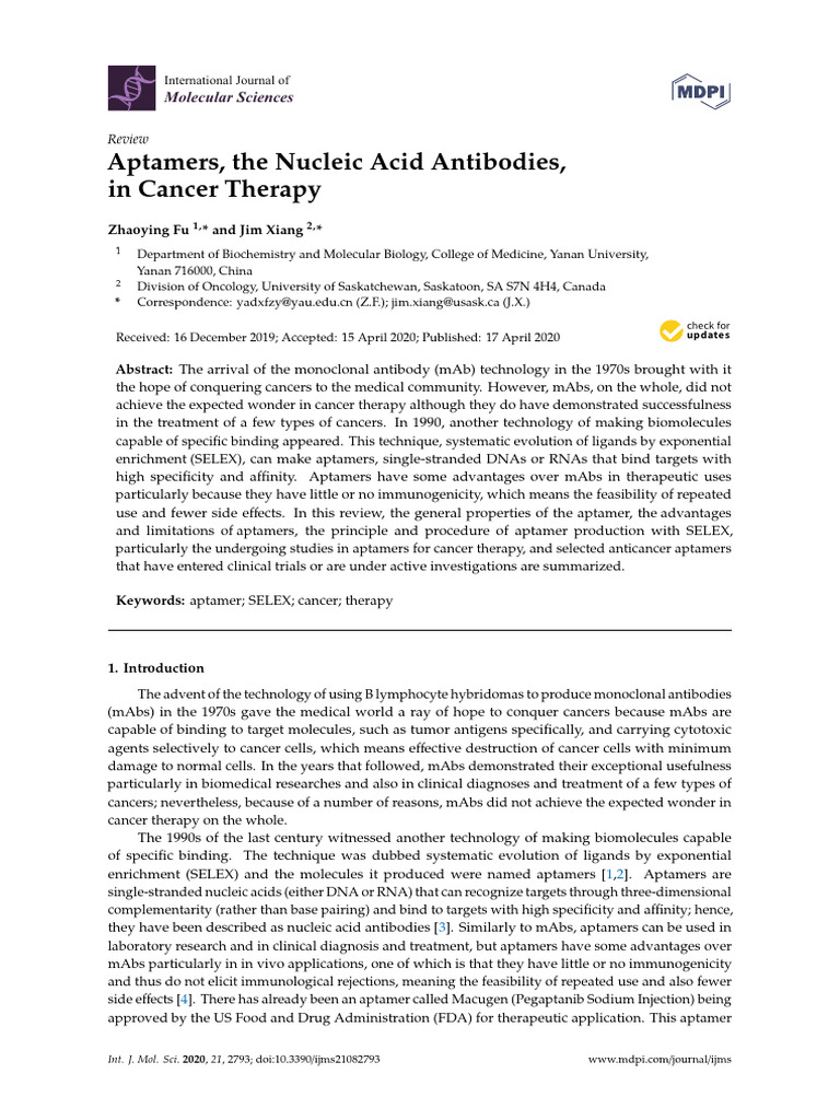 Aptamers The Nucleic Acid Antibodies in Cancer The | PDF | Monoclonal ...