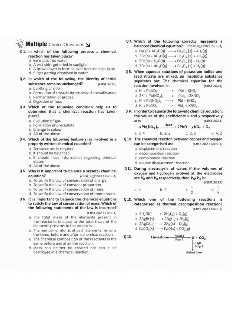 Chemical Reaction and Its Equations Imp for Cl-10 | PDF