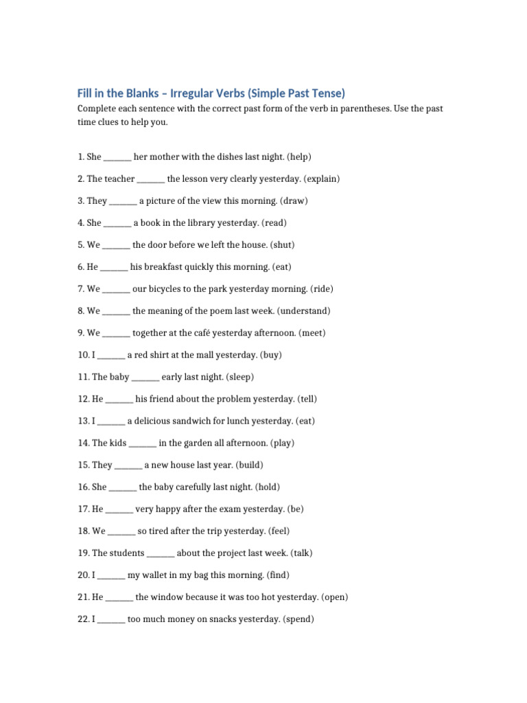 Fill in The Blanks Irregular Verbs Past Tense | PDF