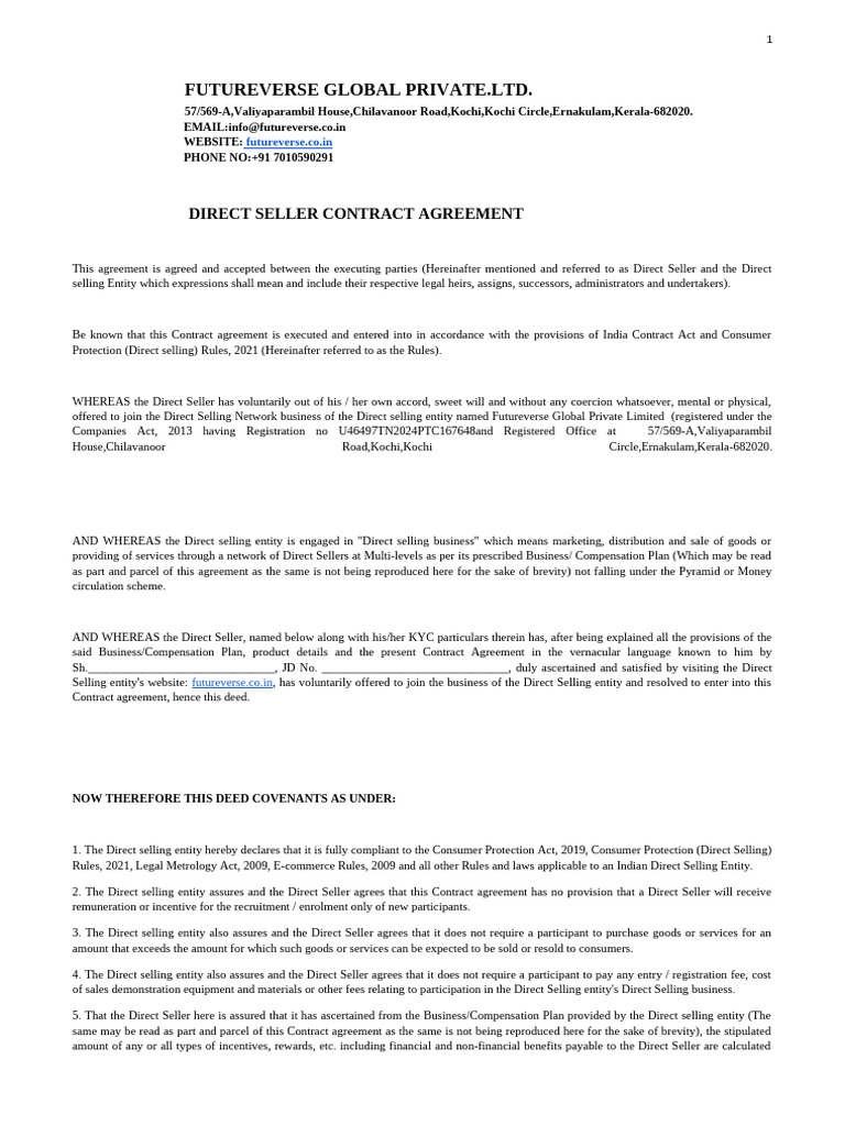 Direct selling contract 1 | PDF | Indemnity | Business