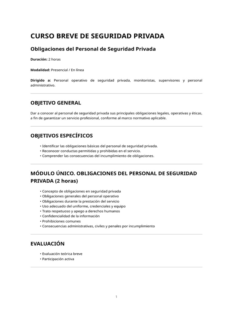 Curso Breve de Seguridad Privada en Obligaciones Del Personal | PDF