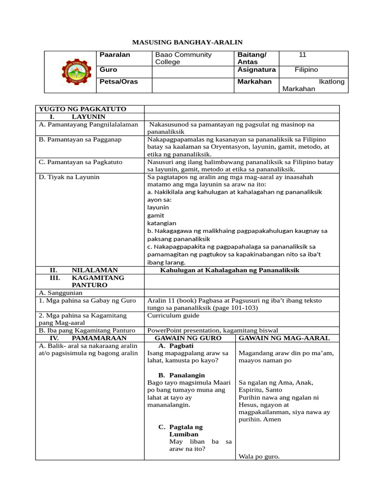 Lesson Plan Sa Filipino | PDF