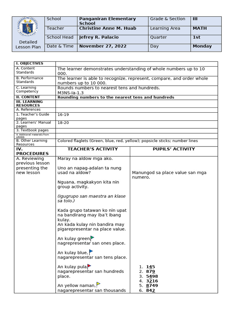 Lesson Plan in Math 3 - Rounding Numbers to the Nearest Tens and ...
