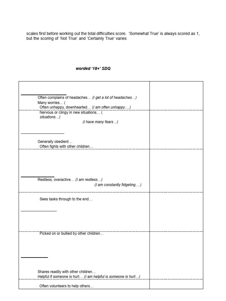 SDQ Scoring Handout (Colour Coded) | PDF | Psychological Concepts ...