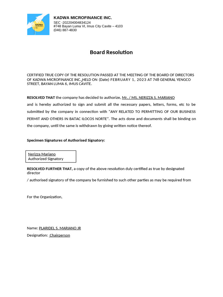 Board Resolution Template | PDF