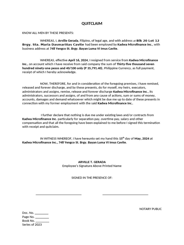 Last Pay and Quit Claim - Gerada | PDF