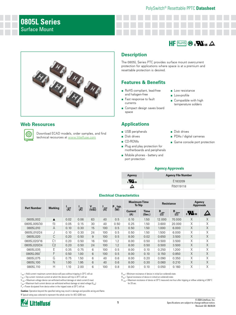 Littelfuse PTC 0805L Datasheet | PDF | Electrical Engineering | Electricity